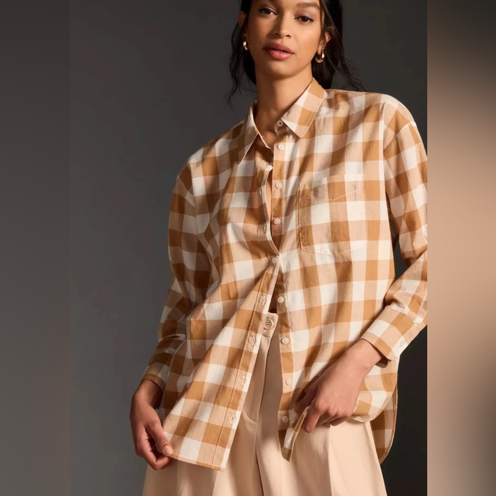 Anthropologie Maeve Tan & White Plaid Bennett Buttondown